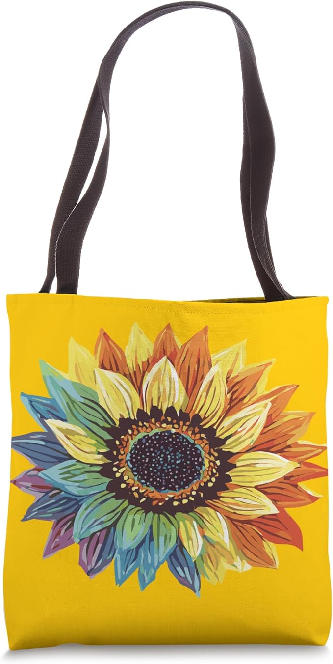 Watercolor Sunflower with Rainbow Petals Graphic Print Tote Bag