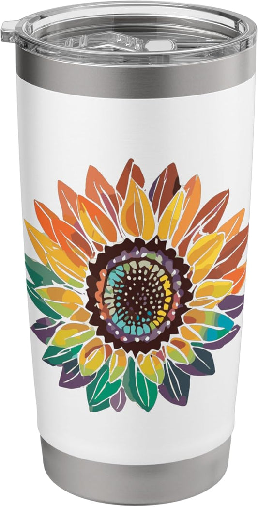 Watercolor Sunflower with Rainbow Petals Graphic Print Stainless Steel Insulated Tumbler